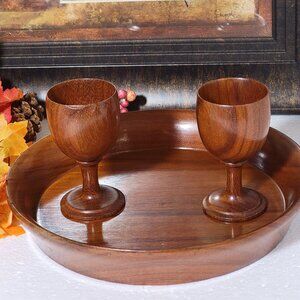 Vintage Carved Wood Tray and Wood Goblets